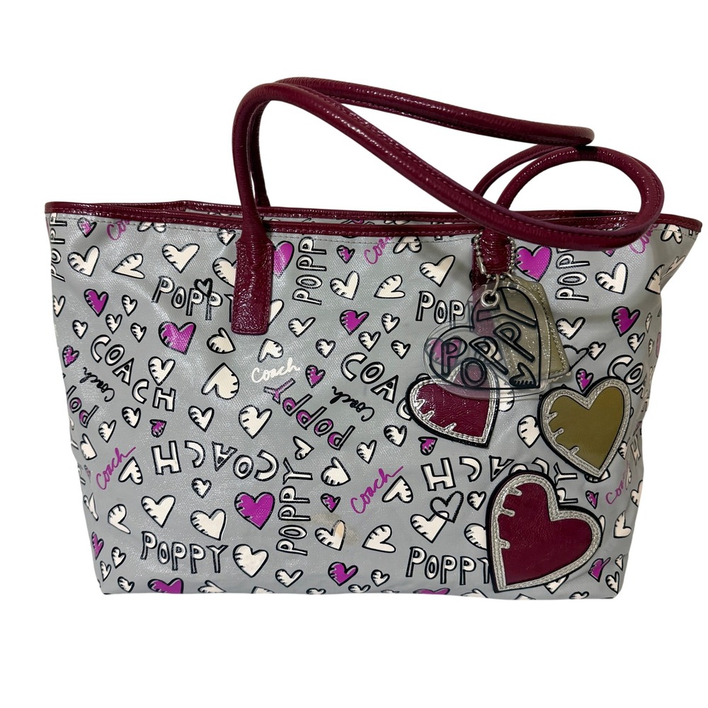 Coach Poppy Hearts Graffiti Tote With Bag Charms Coated Canvas Gray Pink Y2K